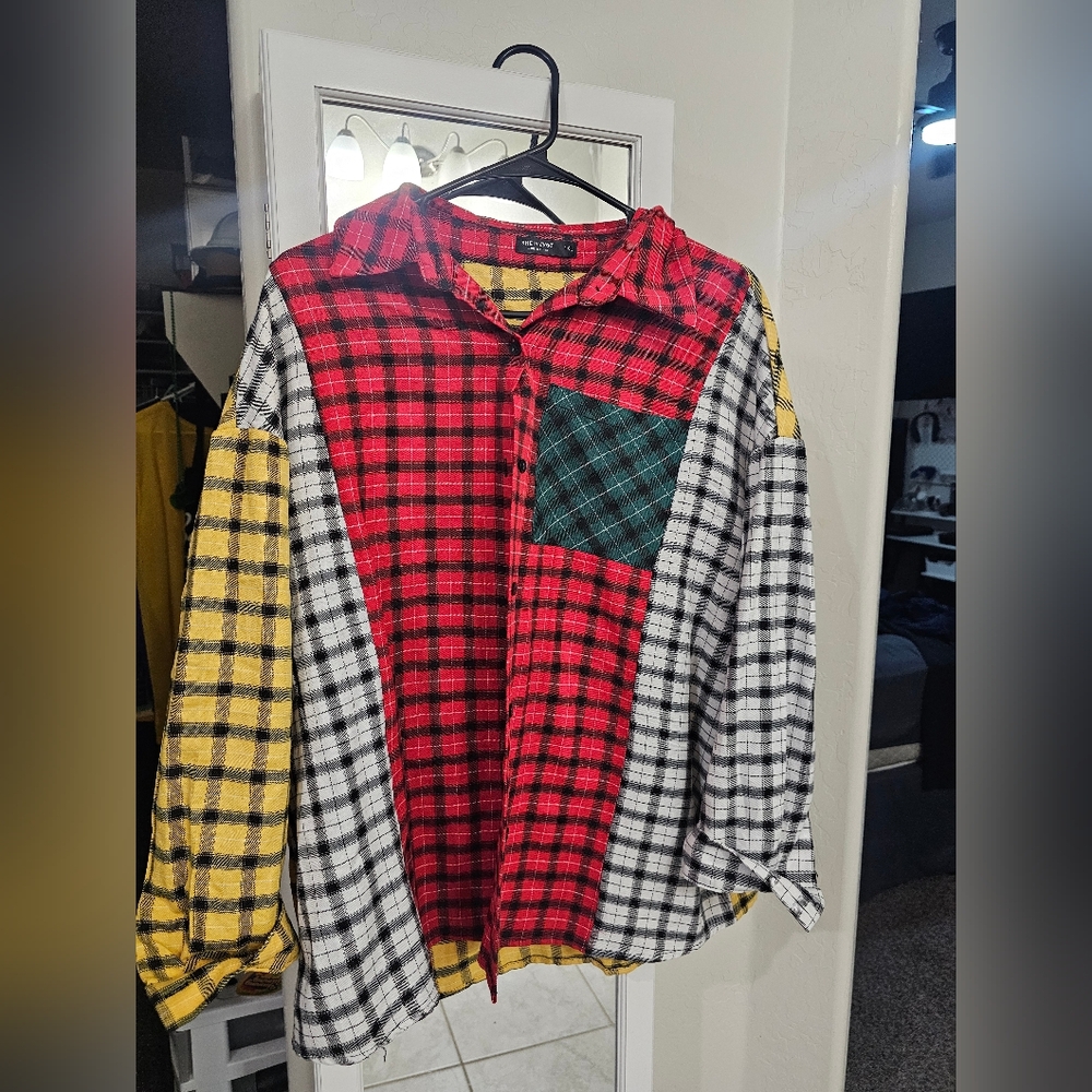 XL Colorful Plaid Patchwork Shirt
